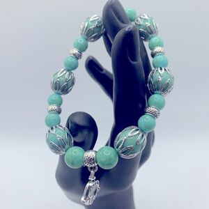 Evil Eye Charm, Blue Synthetic Howlite & Pewter Bead Stretch Bracelet